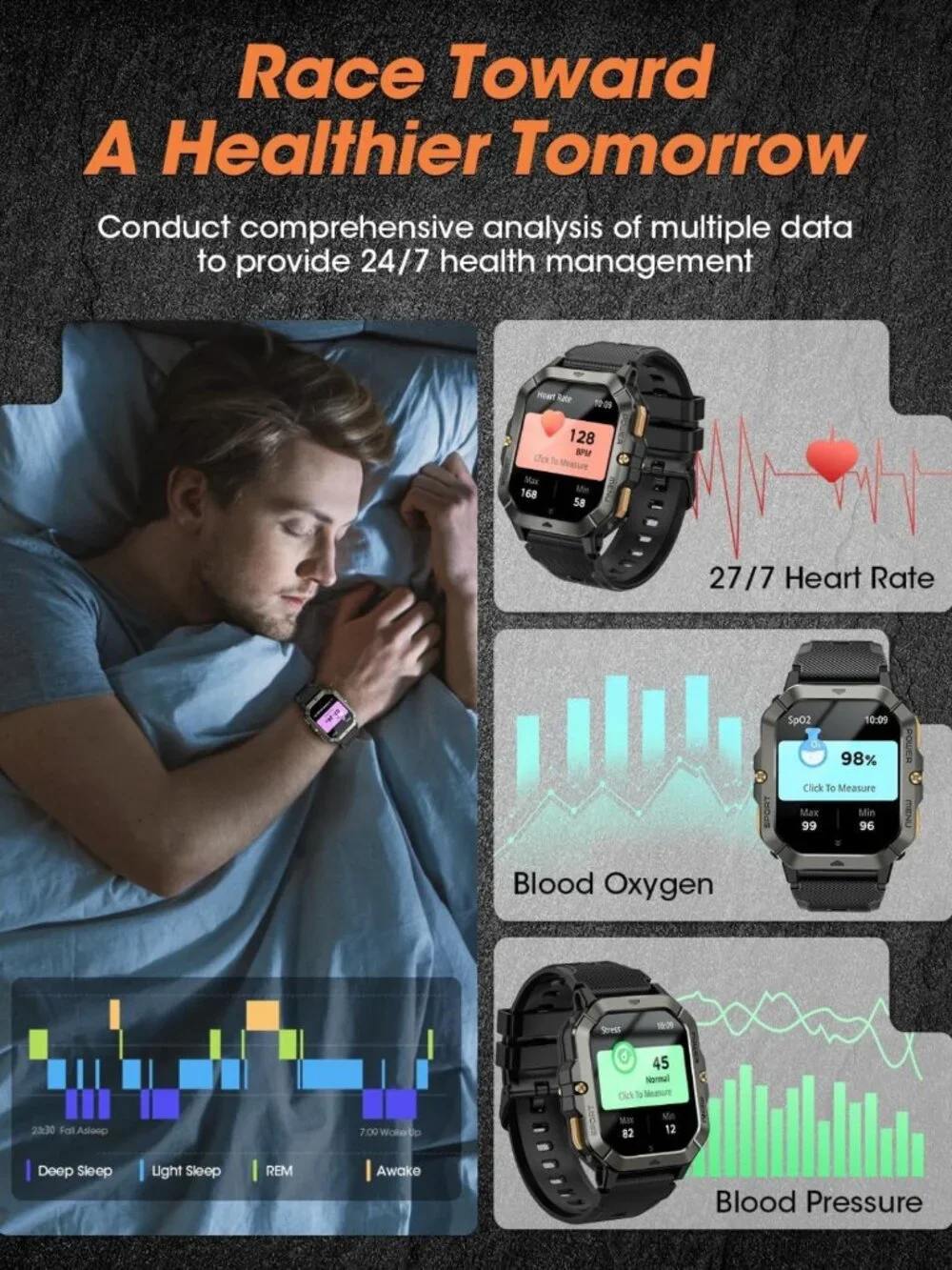 Waterproof Fitness Smart Watch for Men - Calls, Heart Rate, Blood Pressure, 100